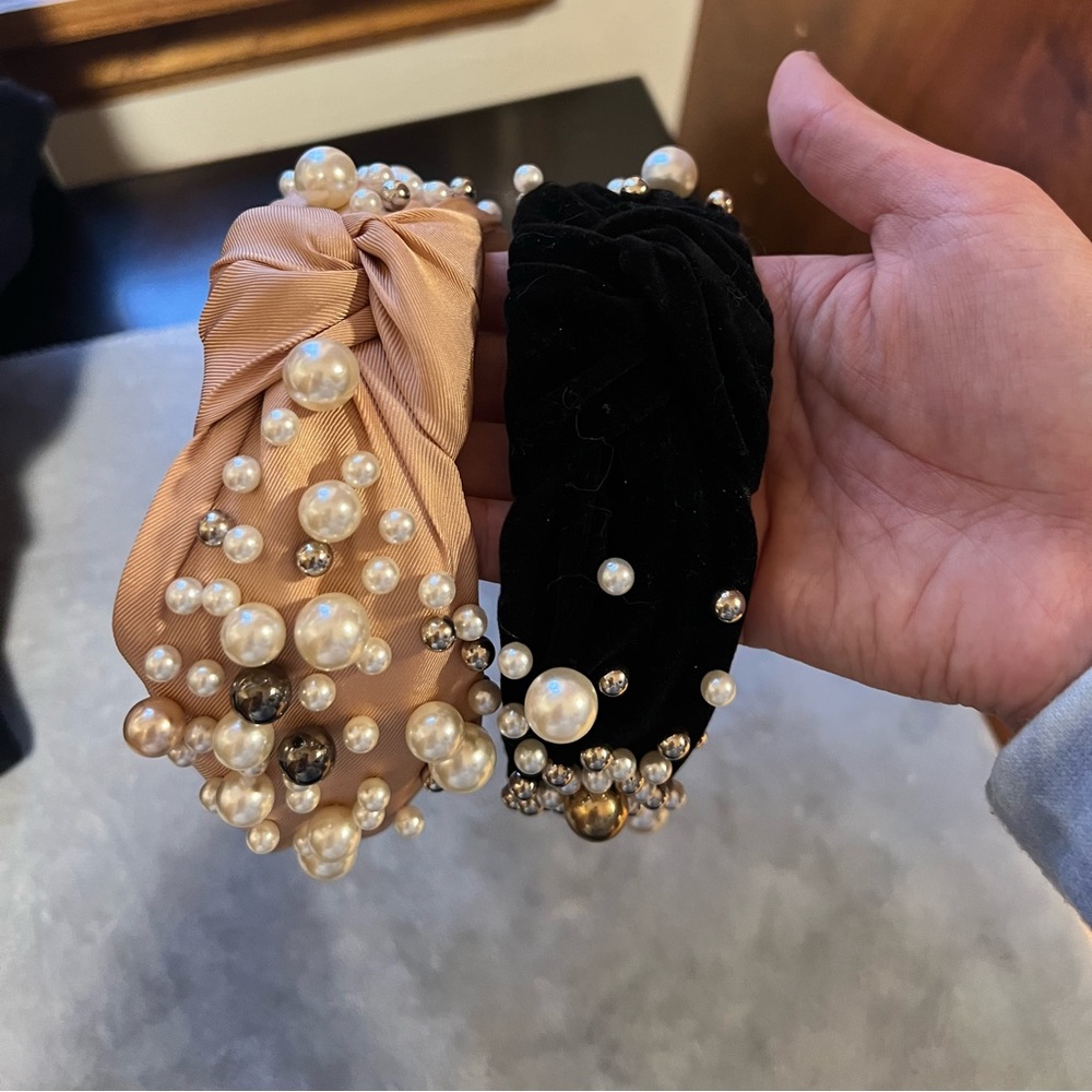 Two woman or girl headbands. Has tie knot in the middle and small pearls